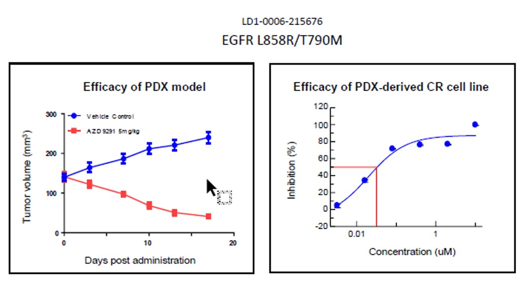 Fig. Efficacy results of LD1-0006-215676. IC50 of CR cell line was .03, indicating drug potency and matching efficacy result of PDX model